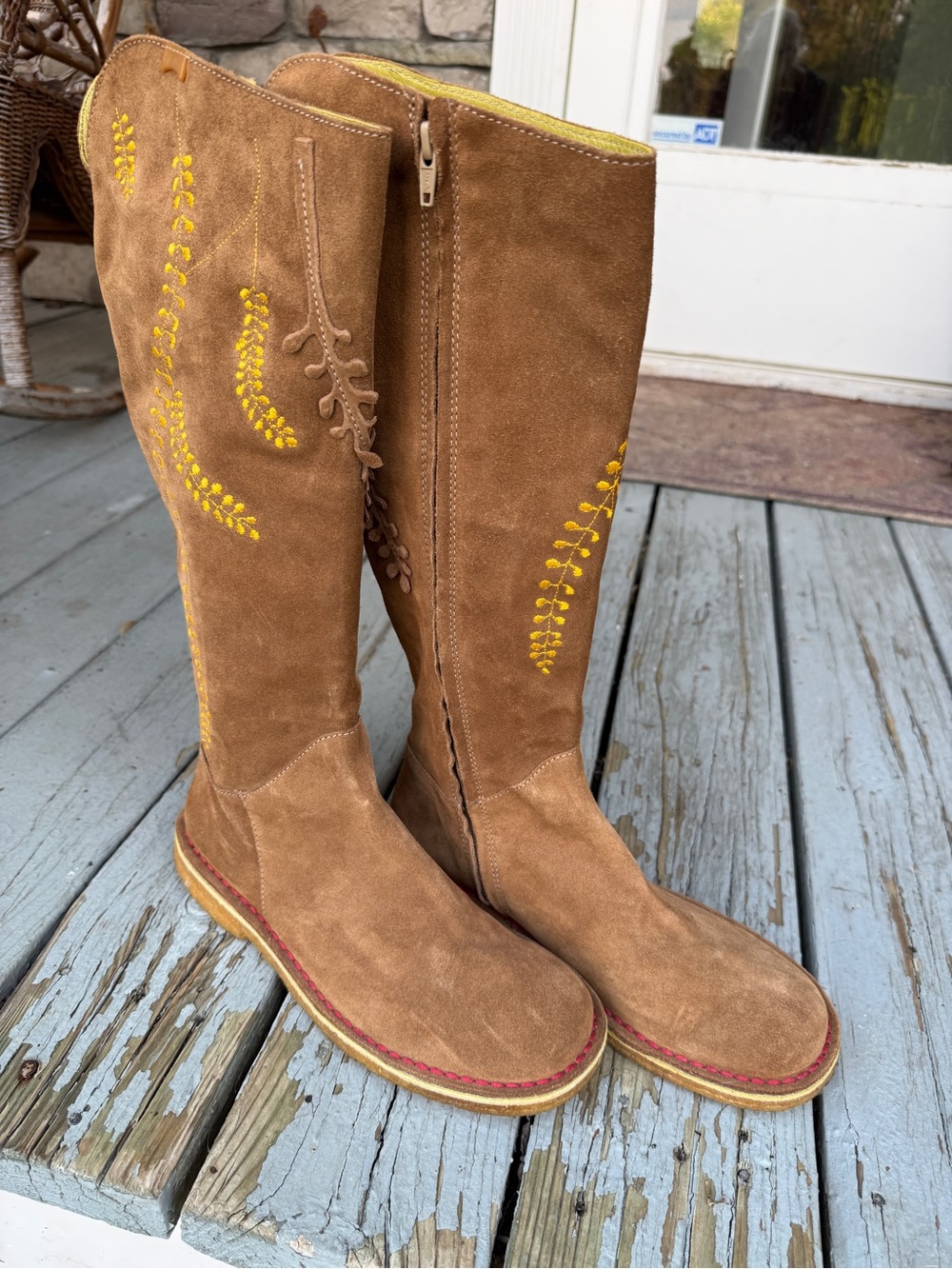 Camper Women's Brown Suede Knee-High Boots with Yellow Embroidered Detail